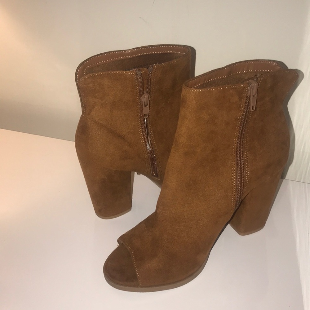 Brown open toe heeled boots